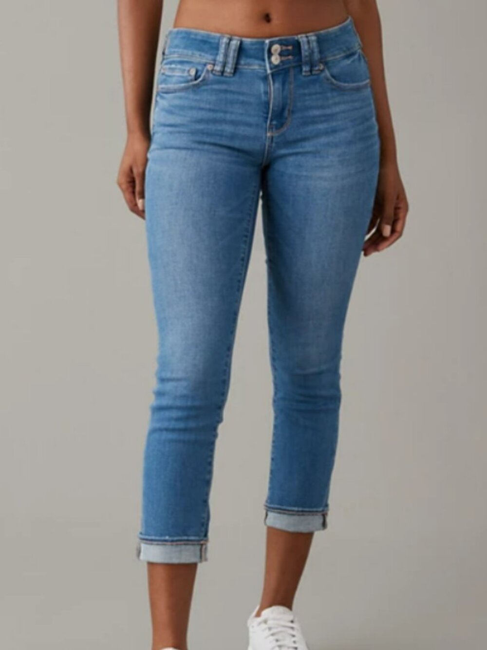 AE Next Level Artist Stretch Cotton Denim Low Rise Straight Crop Leg Jean Blue